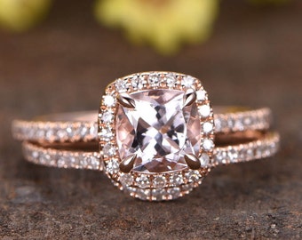 Unique Morganite Engagement Ring Set Natural Morganite Ring Cushion Cut Gemstone Ring Promise Ring Morganite Jewelry Anniversary Rings