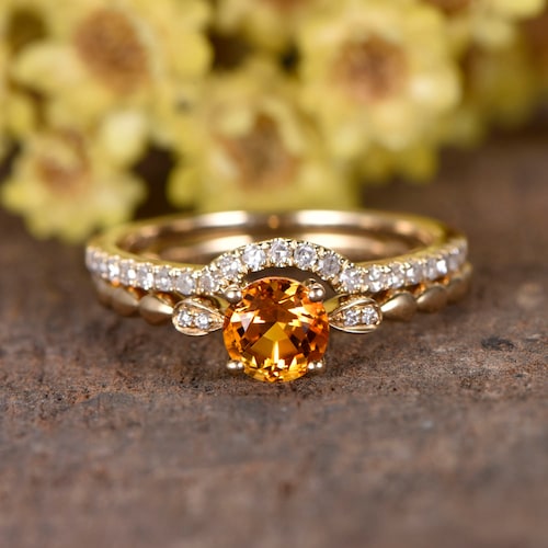Yellow Citrine 5mm Natural Citrine Engagement Ring Set Curve Etsy