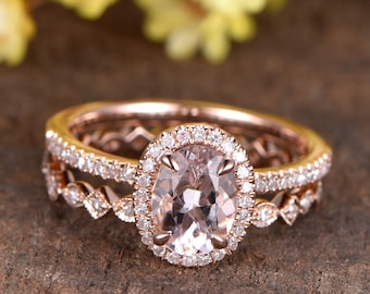 Natural Morganite engagement ring set rose gold real diamond band morganite jewelry set unique morganite wedding ring gold morganite jewelry