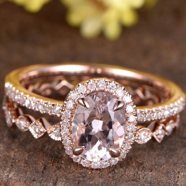 Morganite Engagement Ring Set: Oval Diamond Band, 14k Rose Gold