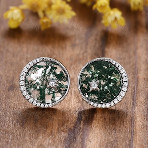 Dainty Moss Agate Studs,Round Moss Agate Earrings,Tiny Green Agate Flatback Studs,Cluster Diamond Earrings,Minimalist Jewelry,Gift for Women