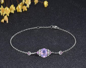 Vintage Oval Lavender Amethyst Bracelet Celestial Crescent Moon Bracelet Sterling Silver Purple Gemstone Bracelet Birthday Gift for Her