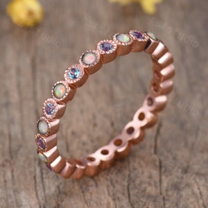14K rose gold alexandrite opal wedding band vintage matching ring engagement ring alexandrite wedding full eternity birthstone ring