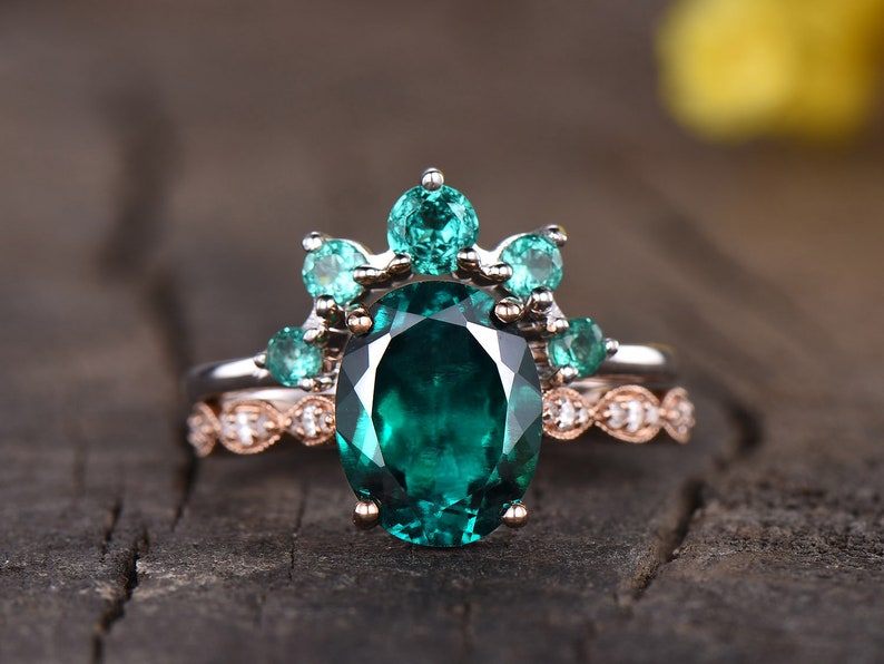 Oval Cut Emerald Engagement Ring Set Rose Gold Vintage Emerald - Etsy