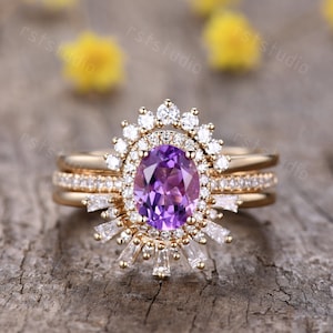Natural Amethyst Engagement Ring Vintage 14K Gold Wedding ring set,Unique Crown wedding band,Amethyst Jewelry Anniversary Rings Purple Gem