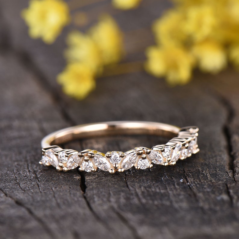 Antique Vintage Inspired Moissanite Wedding Band,Half Eternity Moissanite Ring,Unique Bridal Stacking Ring Anniversary Gift 14K Yellow Gold image 1