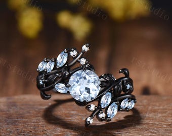 Unique Gothic Natural Aquamarine Engagement Ring, Black Gold Nature Inspired Leaf Vine March Birthstone Bridal Set, Marquise Enhancer Band