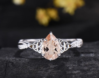 Vintage Pear Cut Morganite Engagement Ring, Celtic Knot Infinity Morganite Diamond Ring, Unique Teardrop Pink Gemstone Anniversary Ring