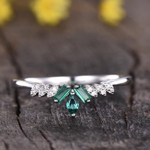 Antique Emerald Diamond Wedding Band, 14K White Gold Ring