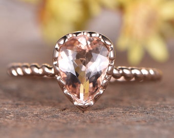 Unique Morganite Engagement Ring Rose Gold Pear Cut 6x8mm Gemstone Ring Twist Wedding Band Bezel Set 14K Solitaire Ring Handmade Jewelry
