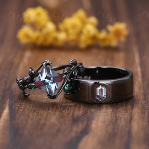 Anillo de bodas de princesa gótica de alejandrita, anillo de oro negro, banda apilable a juego, anillo de promesa único, regalo de aniversario para hombres y mujeres