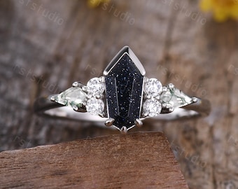 Vintage Shield cut Blue Sandstone Ring Unique Galaxy Sandstone Engagement Ring Kite Moss Agate Diamond Ring Bridal Ring Gift For Her Silver