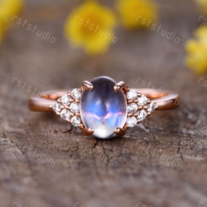 1.1ct Oval Moonstone Engagement Ring Unique Moonstone Ring Art Deco Diamond Wedding Band 14K Rose Gold Bridal Rings For Women