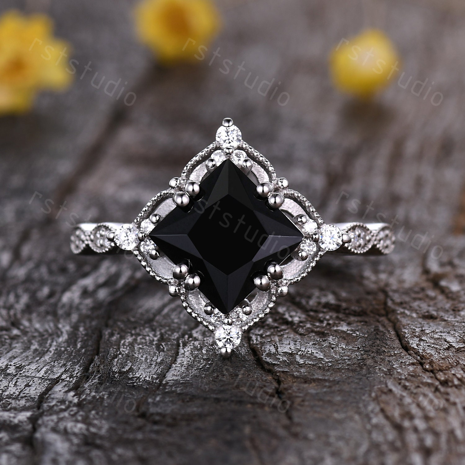 Vintage Princess Cut Black Onyx Engagement Ring Set,unique