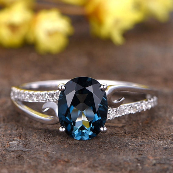 Oval Cut Natural London Blue Topaz Engagement Ring White Gold