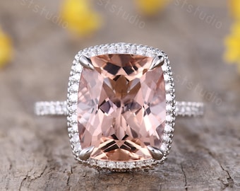 Cushion Cut Morganite Engagement Ring, Diamond Halo, White Gold Band