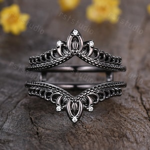 Antique Diamond Wedding Ring Solid Black Gold Enhancer Bridal Wedding Band Stacking Band,Unique Matching Ring,Custom Jewelry Gift For Her