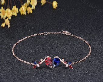 Red Ruby and Blue Sapphire Bracelet, Pear Cut Two Stone Heart Charm Bracelet, Gothic Nature Inspired Leaf Bracelet, Unique Anniversary Gift
