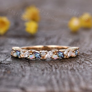 Marquise Alexandrite Opal Wedding Band: Diamond Solid Gold Anniversary Ring
