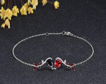 Red Garnet and Black Onyx Bracelet, Pear Cut Two Stone Heart Charm Bracelet, Gothic Nature Inspired Leaf Bracelet, Unique Anniversary Gift