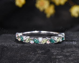 Marquise Emerald Peridot Wedding Band: 14k White Gold Cluster Opal Promise Ring