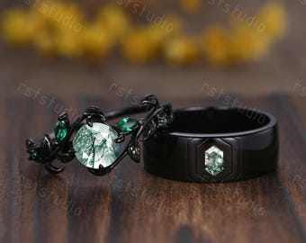 Couples Ring Vintage Green Moss Agate Black Gold Matching Ring Set His and Hers Wedding Band Promise Ring For Men For Women Nature Agate Gem