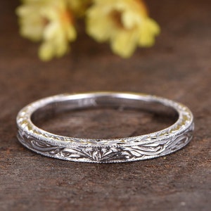 Antique Filigree Ring Floral Engraving Wedding Bands Vintage Wedding Band 14K White Gold Inspired Ring Matching Band Anniverary Ring Promise
