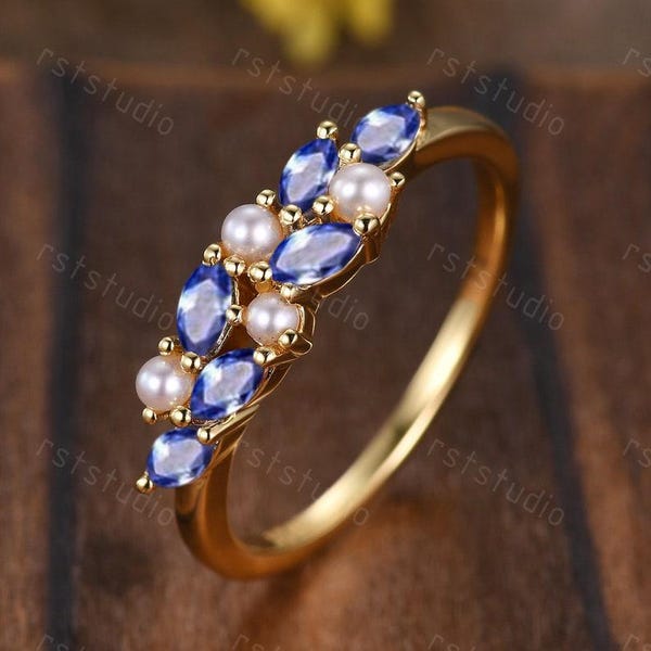 Vintage 14k Gold Sapphire Pearl Ring: Marquise Cluster Stacking Band