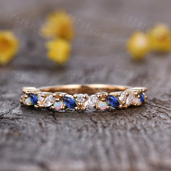 Marquise blue sapphire real diamond wedding band solid gold sapphire white opal band bridal ring anniversary birthstone gift silver ring