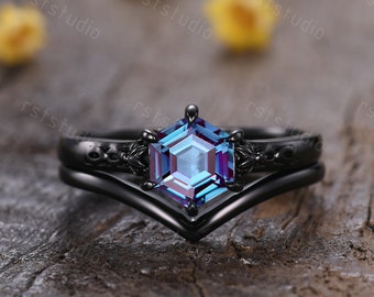 Hexagon Alexandrite Engagement Ring Set: Black Gold Gothic Wedding Band