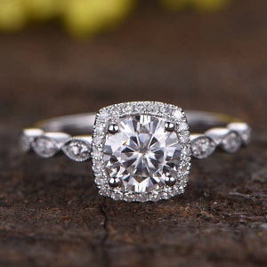 Moissanite Engagement Ring 14k White Gold Cushion Halo Marquise Art Deco Diamond Wedding Band 1CT Promise Bridal Ring Moissanite Jewelry image 1