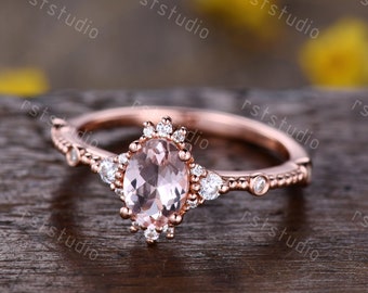0.7carat natural morganite engagement ring rose gold diamond wedding ring Filigree anniversary ring 7x5mm Morganite ring jewelry women ring