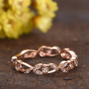 Diamond wedding band Milgrain bridal promise ring 14k rose gold Floral full eternity band 0.23ct SI-H diamond ring infinity wedding ring