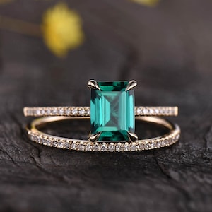 Emerald Cut 14K Gold Engagement Ring Set: Green Emerald & Diamond Wedding Band