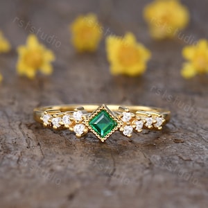 Square Vintage Natural Emerald Engagement Ring Diamond Wedding Band Green  May Birthstone Rings Emerald Jewelry For Women Anniversary Ring