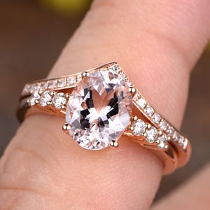 Natural Oval Morganite Engagement Ring Set Rose Gold peachy Gemstone Ring Curved V Diamond Wedding Band morganite jewelry promise ring image 5