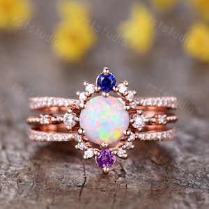14K Unique Opal engagement ring ,Amethyst and Sapphire Ring curve band,vintage opal ring Set Opal jewelry Anniversary Gifts Birthstone Ring