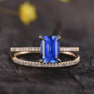 Vintage sapphire bridal set,blue sapphire engagement ring 14K rose gold wedding ring set,sapphire rings for women promise ring