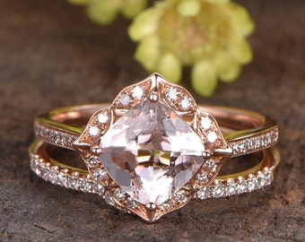 7mm Cushion Cut Morganite Engagement Ring Vintage Wedding Ring Natural Morganite Ring 14K Rose Gold Handmade Jewelry