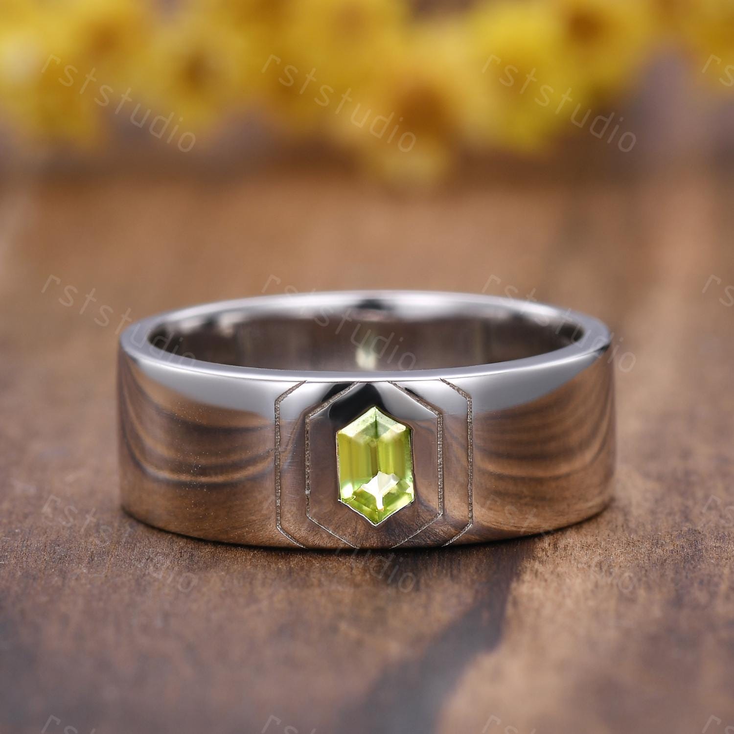 ゴシック六角形ペリドット結婚指輪 スターリングシルバーリング