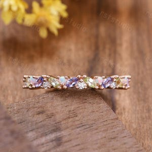 Dainty Marquise Tanzanite Peridot Wedding Band: 14k Rose Gold Opal Bridal Ring