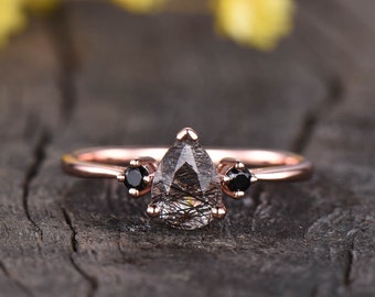Pear Black Rutilated Quartz Ring, Three Stone Black Spinel, Rose Gold