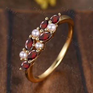Vintage 14k Gold Garnet Pearl Ring, Marquise Cluster Wedding Band