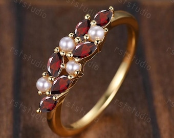 Vintage Garnet Pearl Wedding Band,Cluster Marquise Red Garnet Ring,January Birthstone,Stacking Band Gift for Women 14k Solid Gold Ring