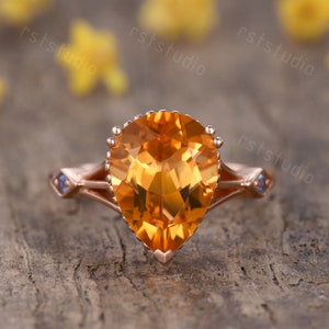 Pear cut yellow citrine engagement ring yellow gemstone ring blue topaz side stone promise ring birthstone ring 14K rose gold