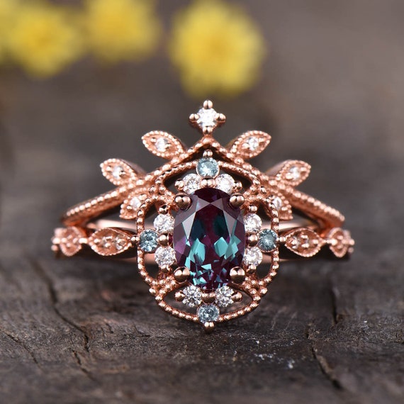 Alexandrite Engagement Ring Set floral Wedding Ring alexandrite