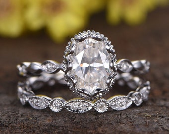 Moissanite Engagement Ring Set 14k White Gold Antique Wedding Ring Flower Halo Bridal Ring Art Deco Wedding Band Moissanite Jewelry