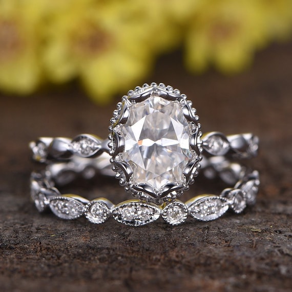 Moissanite Engagement Ring Set Antique Wedding Ring Flower | Etsy