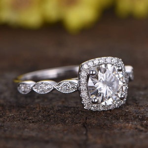 Moissanite Engagement Ring 14k White Gold Cushion Halo Marquise Art Deco Diamond Wedding Band 1CT Promise Bridal Ring Moissanite Jewelry image 2