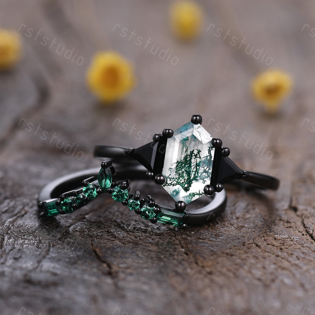 Black Gold Moss Agate Ring Set: Emerald Black Spinel Wedding Rings